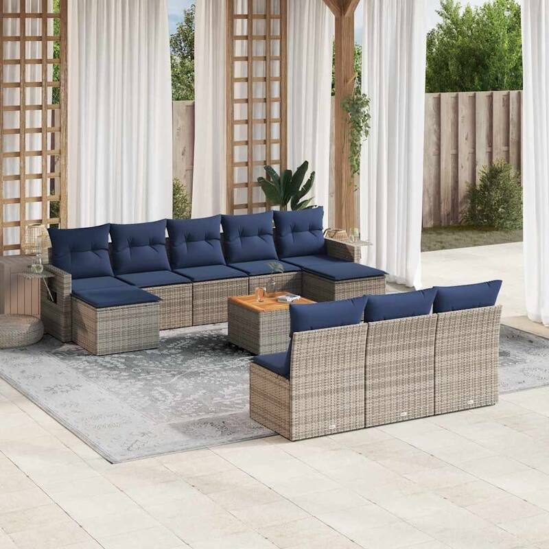 vidaXL 11 Piece Patio Sofa Set with Cushions Black Poly Rattan - 21.7" x 24.4" x 27.2" - Grey and blue