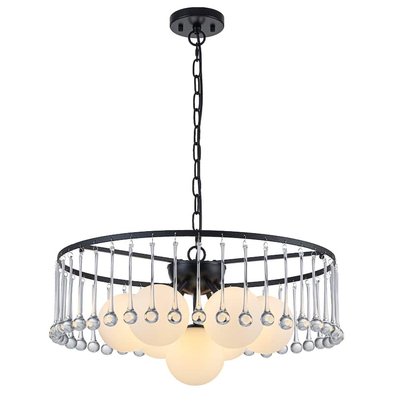 7-Light Modern Circular Chandelier with White Glass & Crystal Accents - Dia.23.62-in - Dia.23.62-in