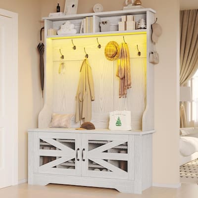Hall Tree w/ Bench Shoe Storage Shoe Cubby Barn Door Adjustable Shelf