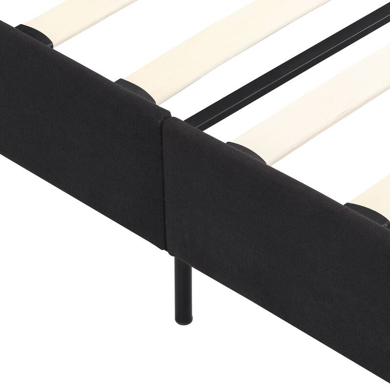 King Size Upholstered Bed Frame with Linen Headboard, Wood Slat Support, No Box Spring Needed