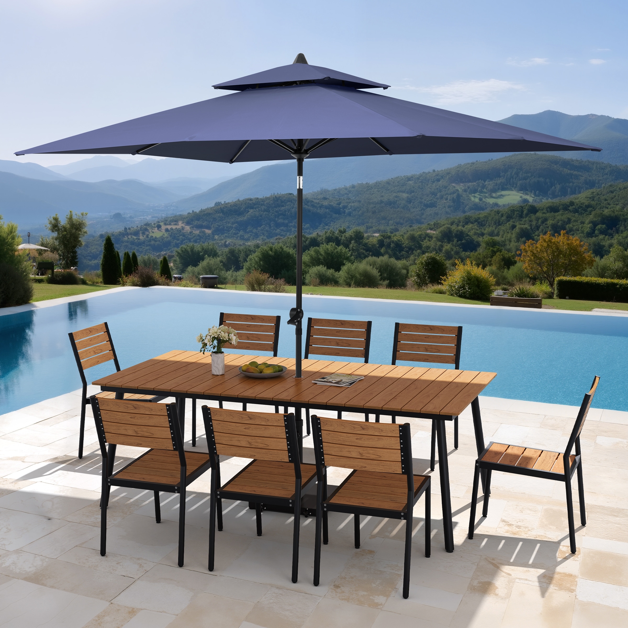11PC Outdoor Patio Dining Set Aluminum Table with Stackable Chairs w/ Premium Market Umbrella Sets