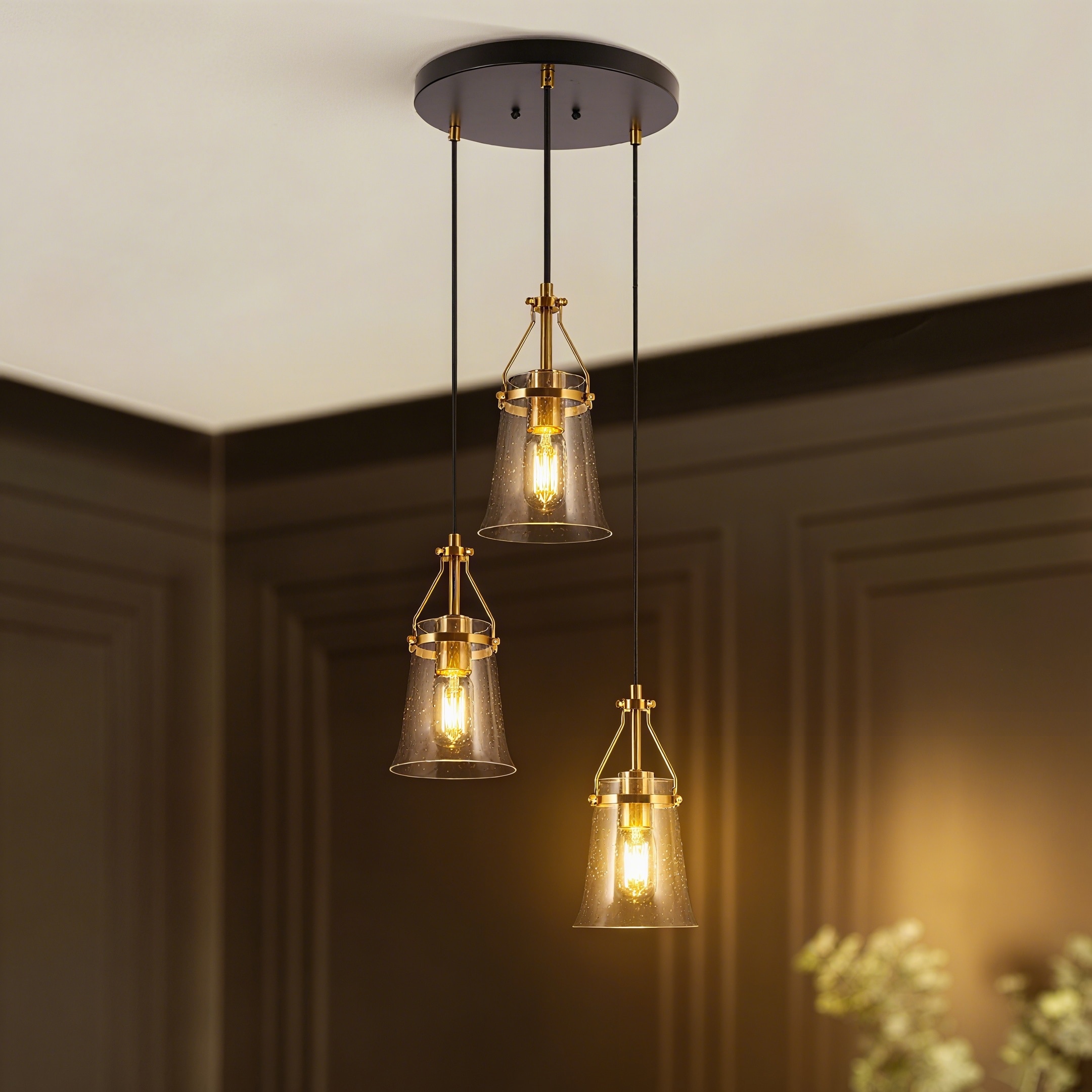 LALUZ Modern 3-Light Glass Chandelier Black Gold Cluster Pendant for Kitchen Island - 15.5" D x 10" H