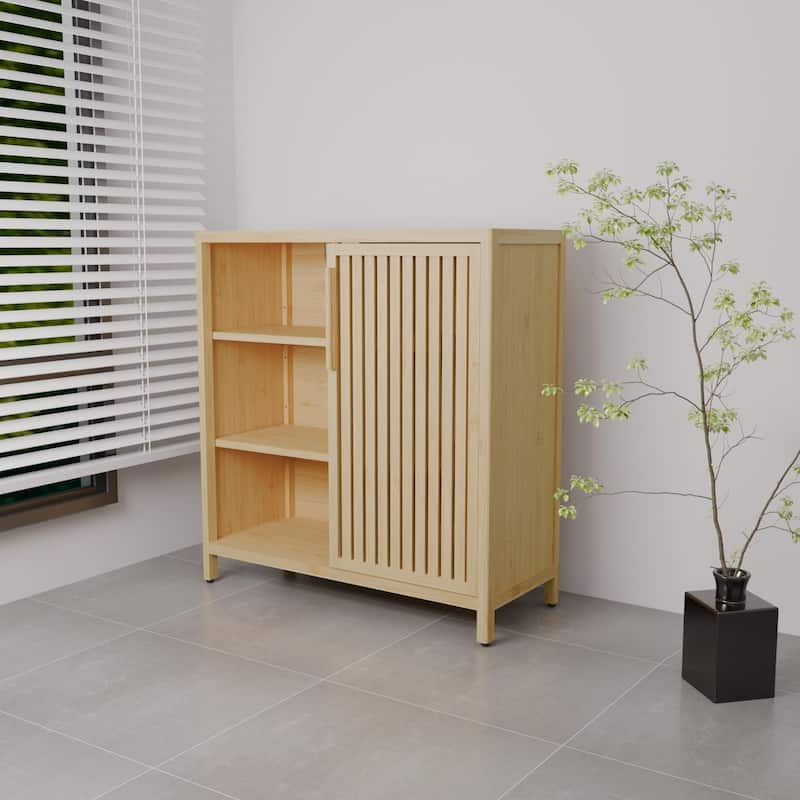 Bamboo Storage Cabinet with Doors and Open Shelves, Narrow Freestanding Accent Cabinet Bathroom High Cabinet