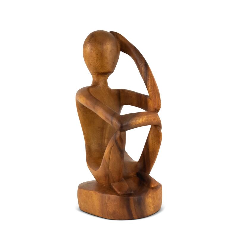 12" Wooden Abstract Hand Carved Wine Rack Bottle Holder "Thinking Man" Free Standing Thinker Handmade Wood Home Decor