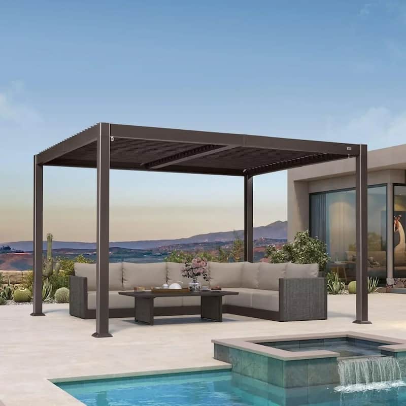 PURPLE LEAF Solar Louvered Pergola with LED String Lights Aluminum Outdoor Pergola with Adjustable Roof for Patio Garden