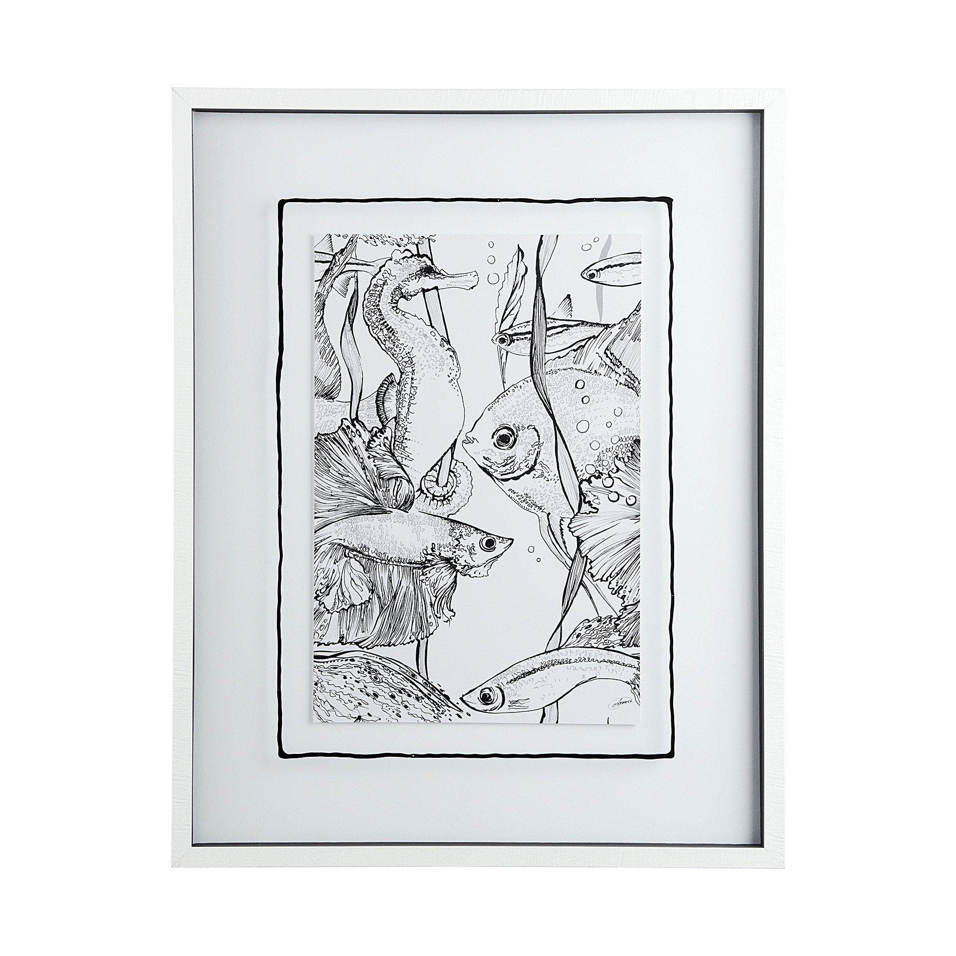 Fish White by Mercana Studio a Hand Embellished Textured Framed Art Print Matted under Glass