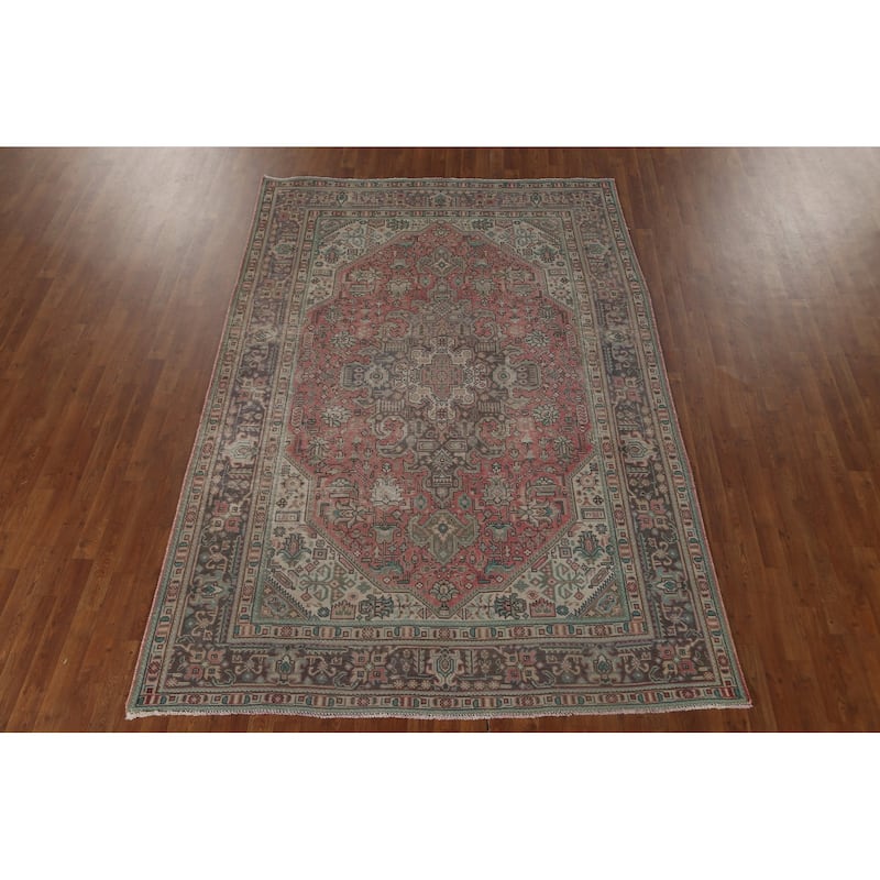 Distressed Tabriz Persian Vintage Area Rug Hand-Knotted Wool Carpet - 6'5" x 9'7"
