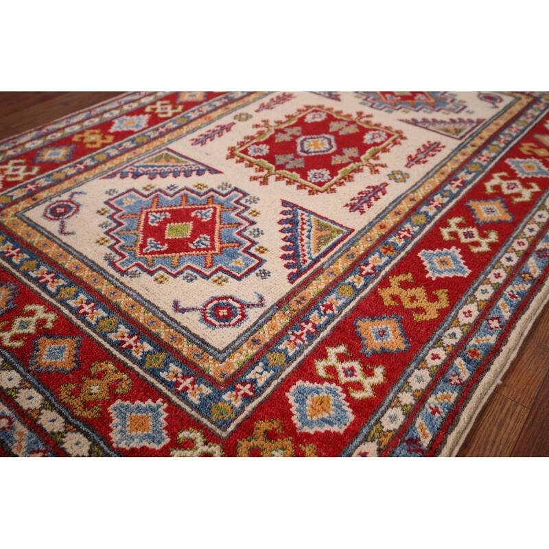 Geometric Kazak Oriental Foyer Rug Hand-Knotted Beige Wool Carpet - 2'9" x 4'3"