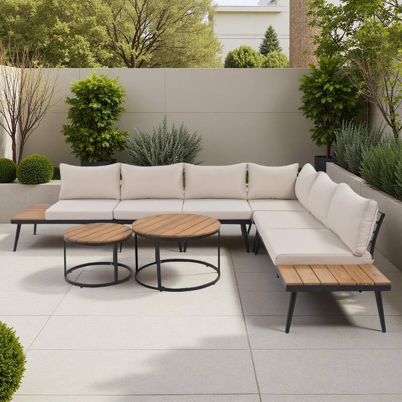 6-Piece Outdoor Patio Iron Modular Sectional Sofa Set with Nesting Coffee Tables and Side Storage Shelf - Beige