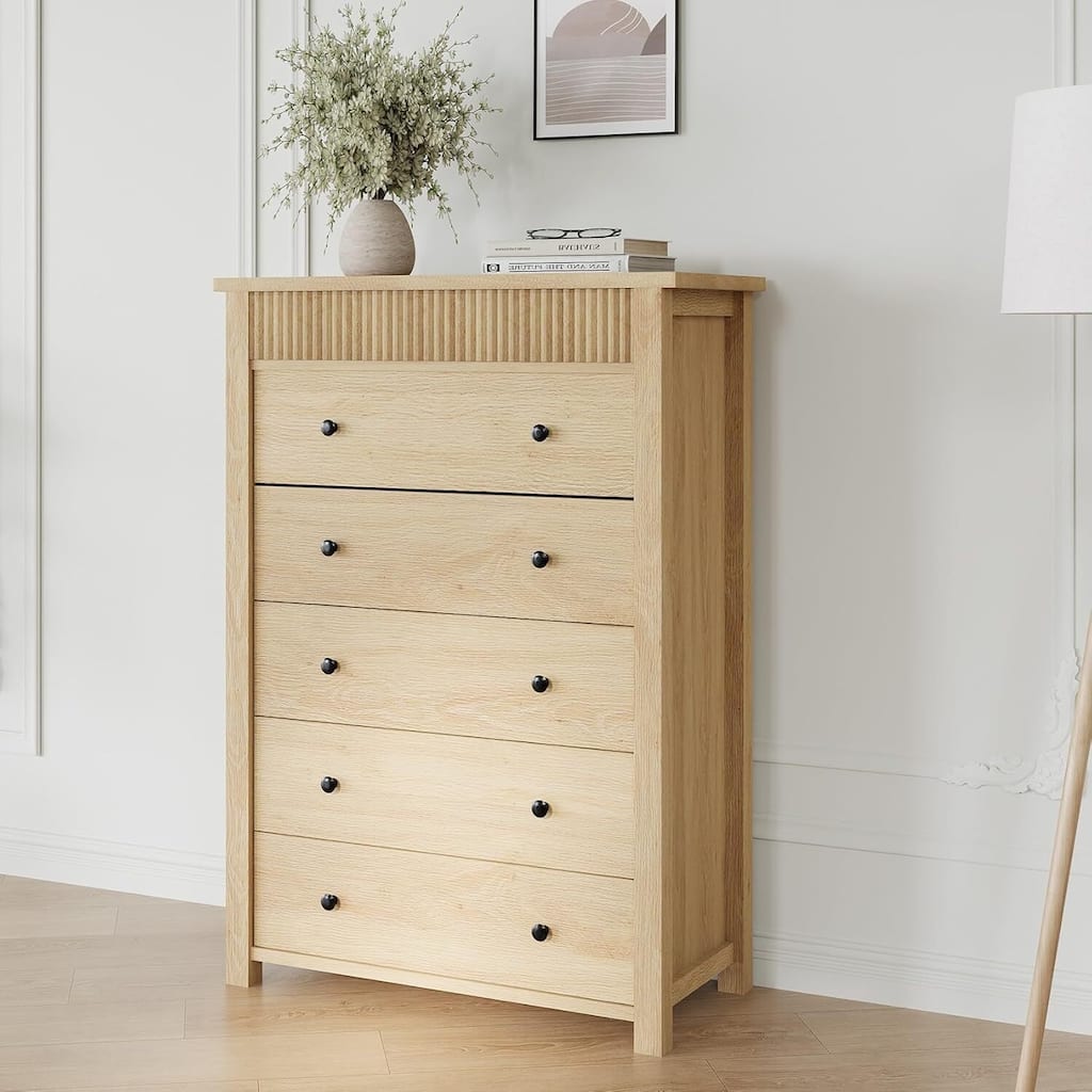 Modern Fluted 5 Drawer Dresser, Chest of Drawers for Bedroom, Living Room, Hallway