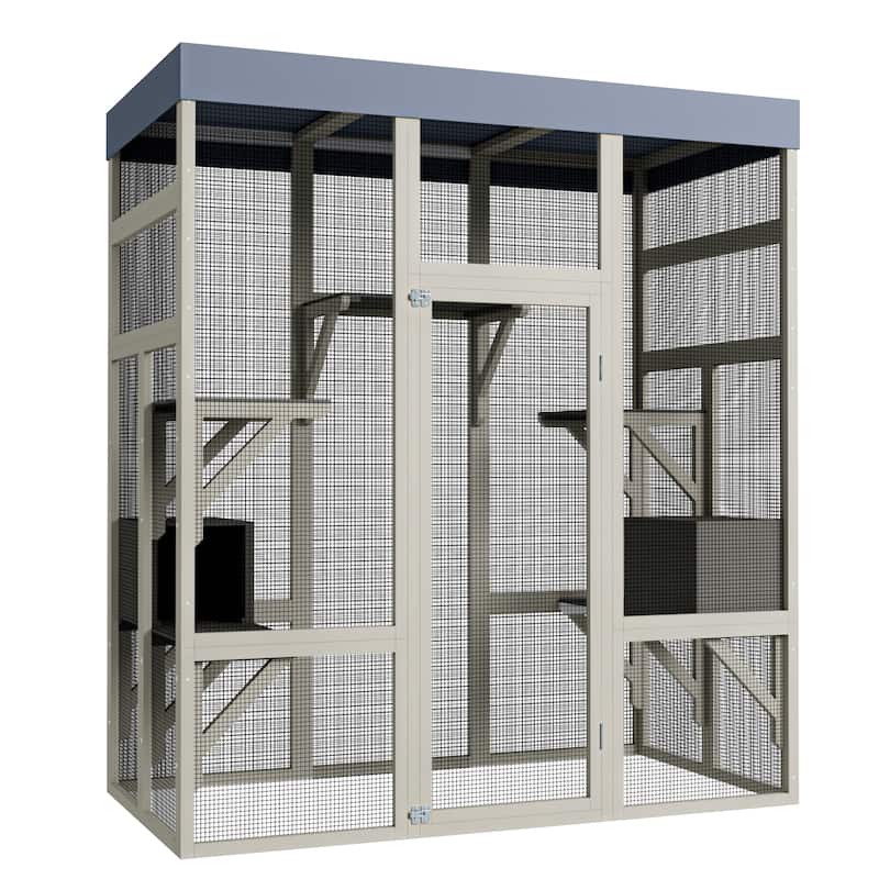Outdoor Wooden Catio for Cats, Large Cat Shelter Enclosure, Secure Pet Cage with Waterproof Roof, 2 Cat Houses & Platforms - Gray