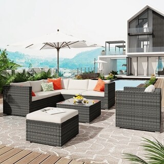 8-Piece Patio Furniture Sets, Wicker Corner Sofa with Cushions, Ottoman and Coffee Table