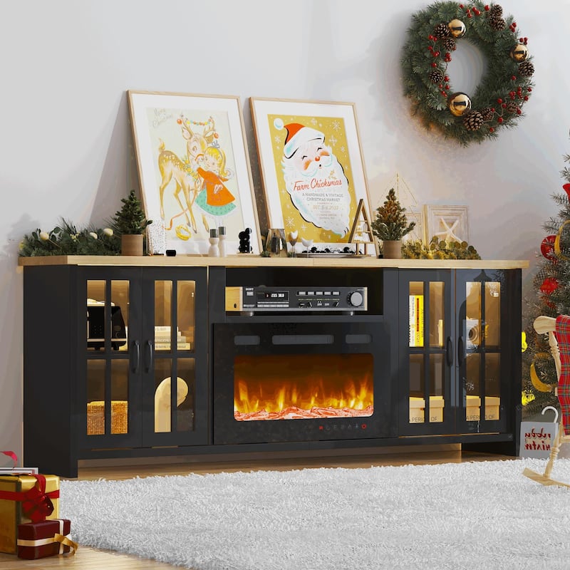 EROMMY 78"/ 97" Fireplace TV Stand with Electric Fireplace, Farmhouse Media Console with LED Lights, Glass Doors