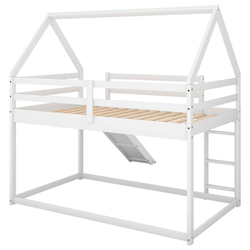 Twin Size House Bunk Bed with Slide and Ladder in White