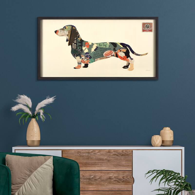 "Dachshund" Alex Zeng's dimensional collage, under glass & a black shadow box frame