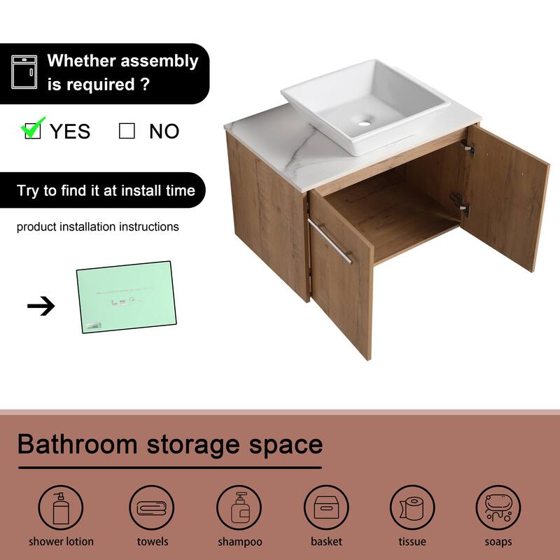 BNK 24"/30" Single Sink Bathroom Vanity with Soft Close Door, Modern Floating Vanity