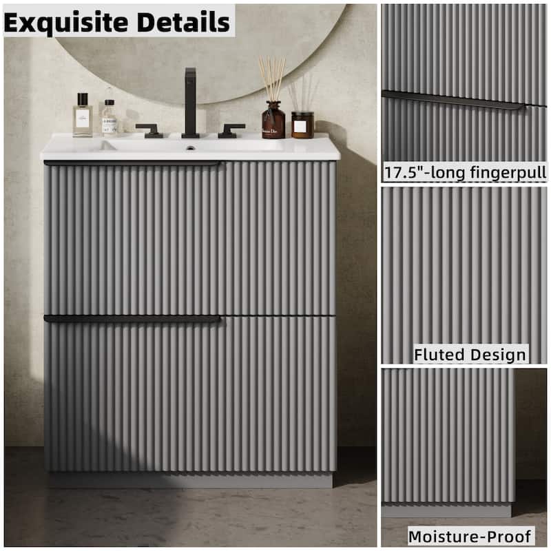 30" Bathroom Vanity with Ceramic Sink, Full-Extension Drawers, Soft Close Slides, and Fluted Design