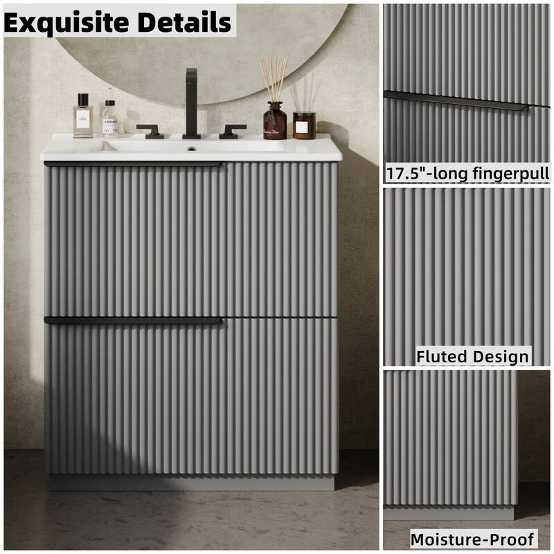 Vertical Grooves Bathroom Cabinet Storage Vanity with Ceramic Sink, Full-Extension Split Drawers and Soft Close Drawer Slides
