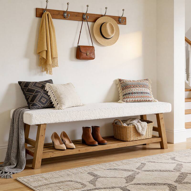 55 Inch Upholstered Entryway Bench with Cushion, Solid Wood Shoe Rack Bench with Shelf for Bedroom, Kitchen, Dining Room