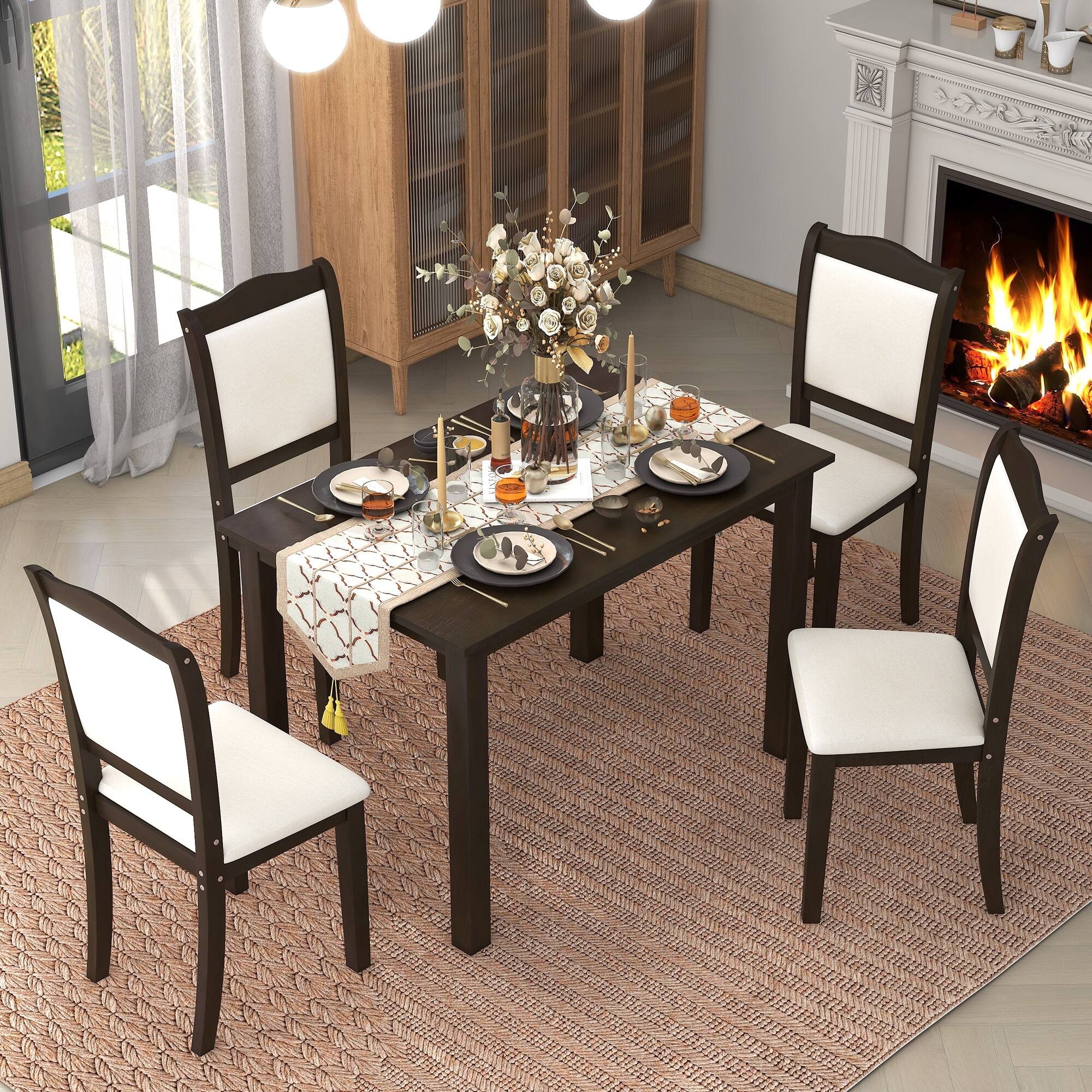 5Piece Wood Dining Sets, Rectangular Dining Table and 4 Upholstered
