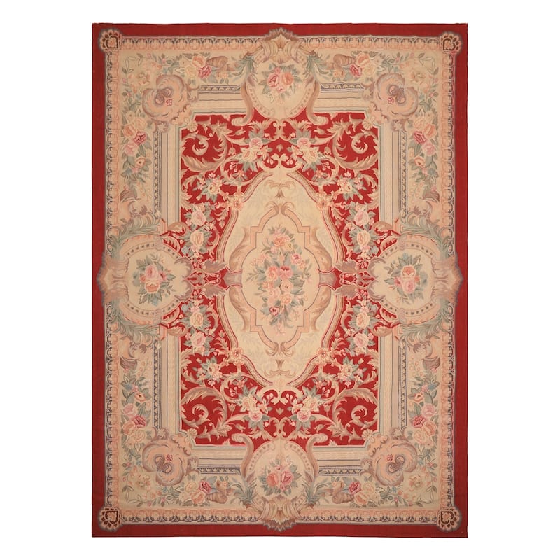 8'10''x12'4'' Hand Woven Flatweave Wool Red Medallion French Aubusson Rug - 8' 10'' x 12' 4''