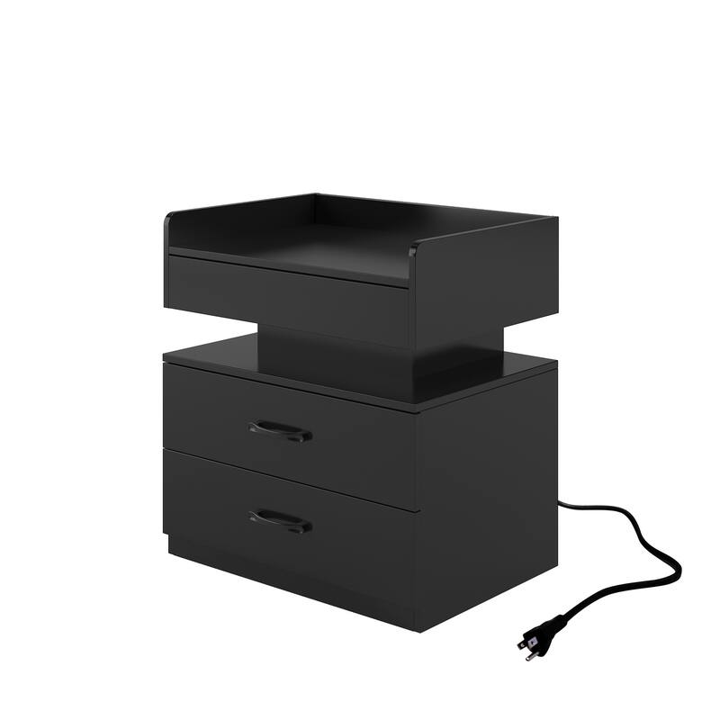 1 Set Nightstand with Adjustable LED Strip Light, 2-Drawers, Large Storage Space