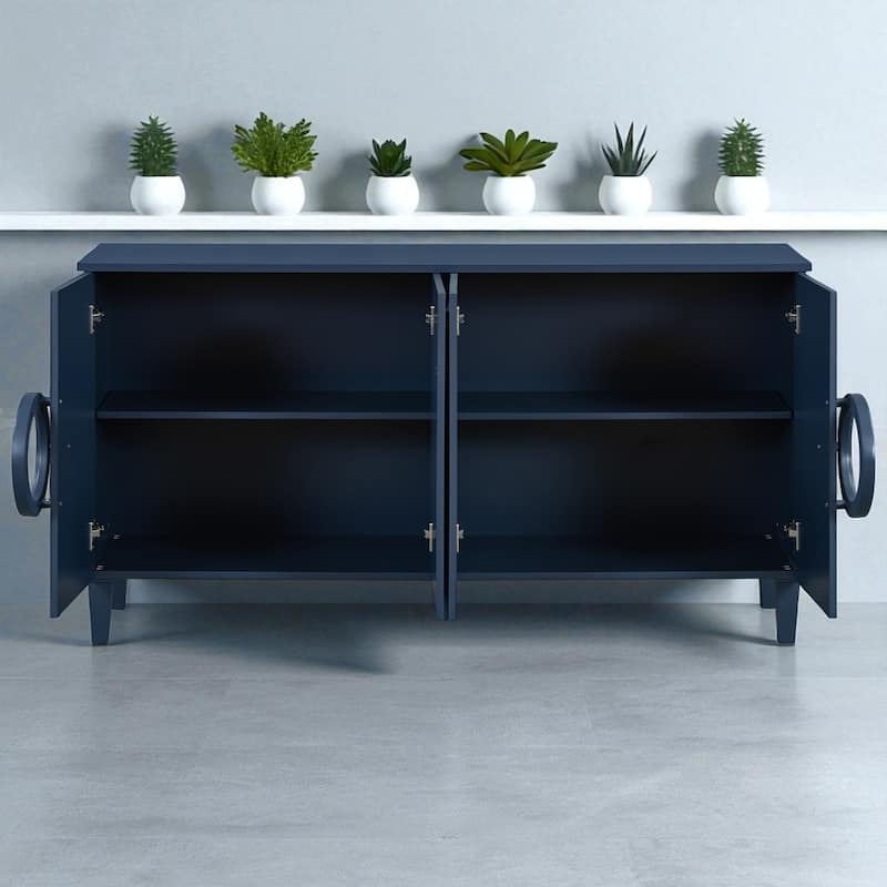 French-Inspired Four-Door Sideboard with Round Ring Handles, Sturdy MDF Cabinet for Dining or Entryway