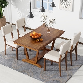 59-inch Rectangular 5-piece Dining Table Set w/ Trestle Table Base & 4 Linen Fabric Upholstered Chairs, Solid Wood Furniture