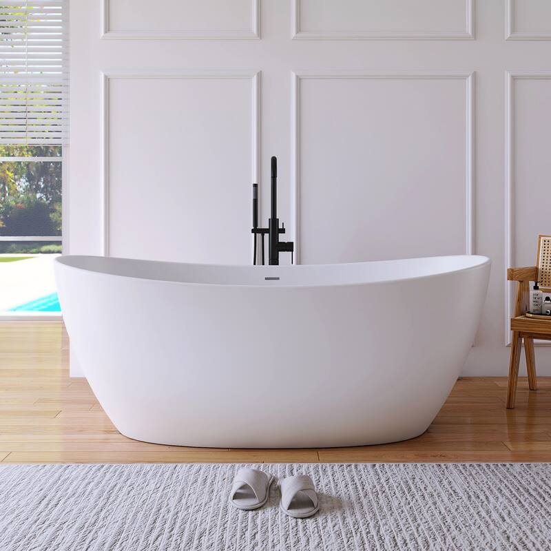 MEDUNJESS 65'' Freestanding Bathtub Solid Surface Soaking Tub - Silver
