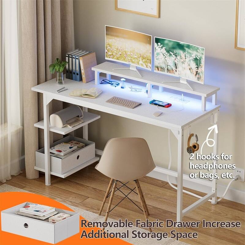 White Desk with Power Outlets and LED Lights