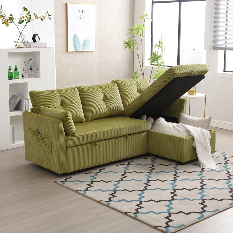 Green 81.1" Fabric L-Shaped Sofa with Reversible Chaise, Storage, and Solid Wood Frame