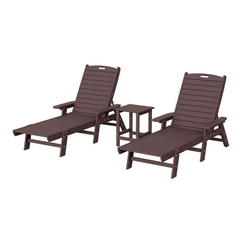 Laguna Hdpe All Weather Outdoor Patio Pool Reclining Chaise Lounges With Square Side Table (3-Piece Set) - Dark Brown
