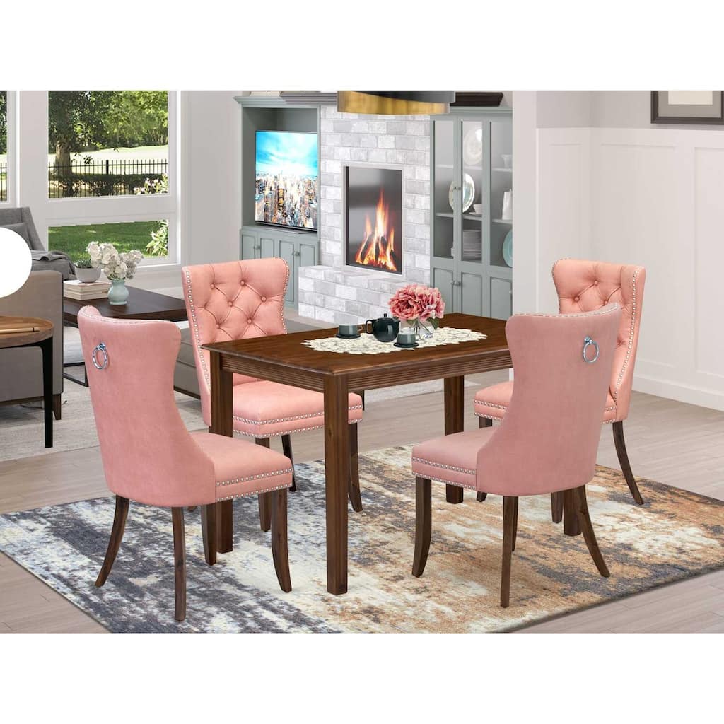 5-Piece Antique Walnut Finish Solid Wood Top - Rectangular Dining Room Set - Seats 4