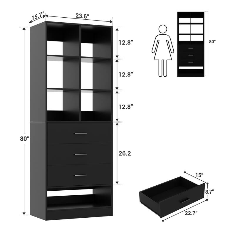 Set of 2 Closet System with 7 Wooden Drawers ＆ 4 Hanging Rods, Heavy Duty Walk-in Closet Organizer System with Shelves