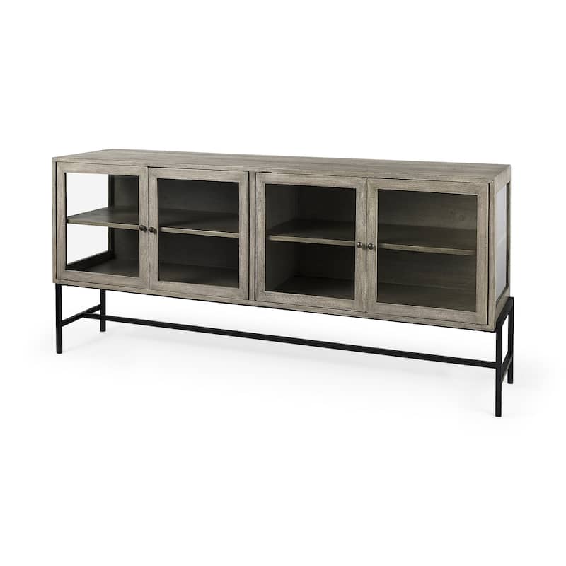 Arelius Light Brown w/ Black Metal Base 4 Door Glass Cabinet Sideboard - 70.0L x 18.0W x 32.0H
