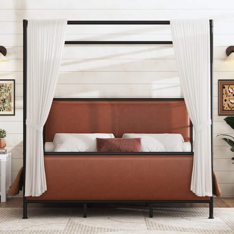 Canopy Bed Frame with Upholstered Headboard and Iron Legs, Low-Profile Platform Bed