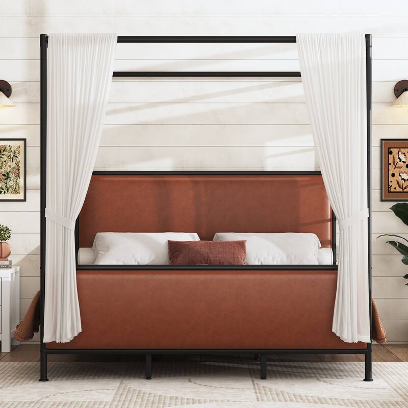 Modern Canopy Bed Frame with Upholstered Headboard Footboard, Platform Bed with Metal Frame, Wooden Slat Support, Noise-free