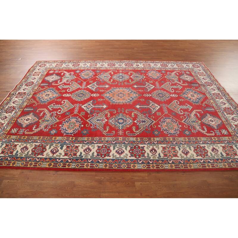 Geometric Red Kazak Rug Hand-Knotted Bedroom Wool Carpet - 6'6"x 9'2"