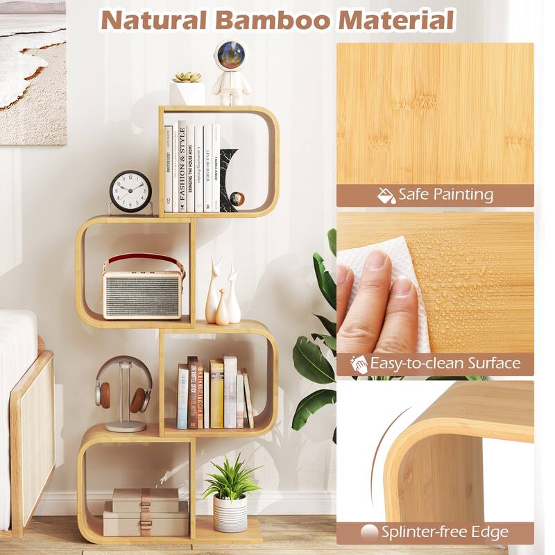 Natural Wicker S-Shaped Bookshelf 4-Cube Open Storage Shelf with Anti-Tip Kit - 24" L x 9" W x 26" H