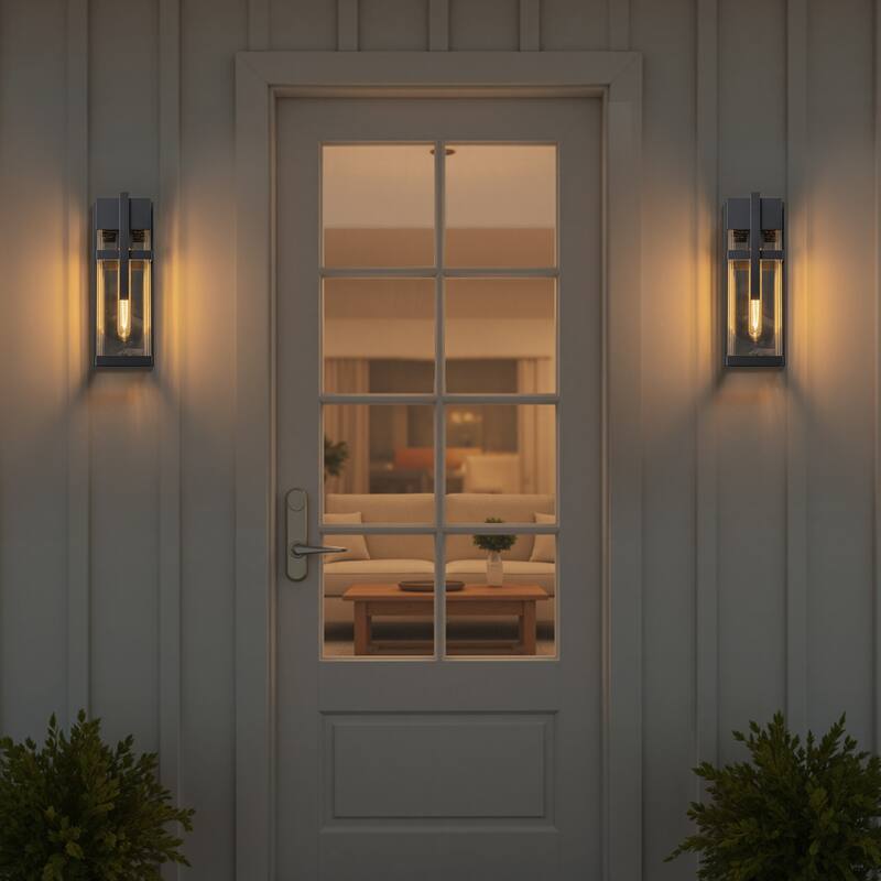 C Cattleya 2-Pack Modern Matte Black Outdoor Wall Lanterns with Clear Tempered Glass