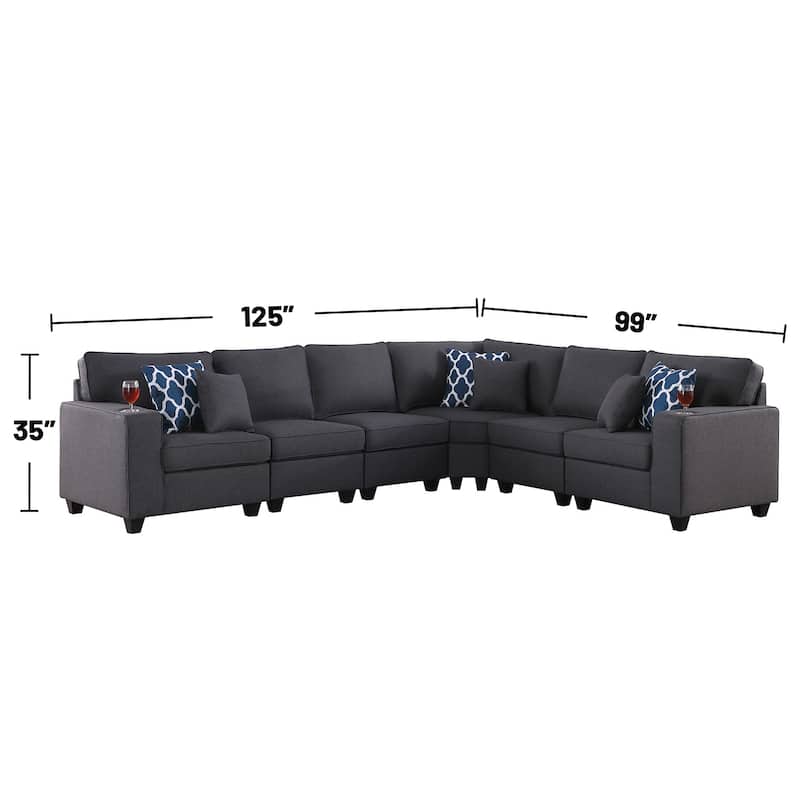 6 Piece Linen Upholstered Reversible L-Shape Sectional Sofa in Dark Gray