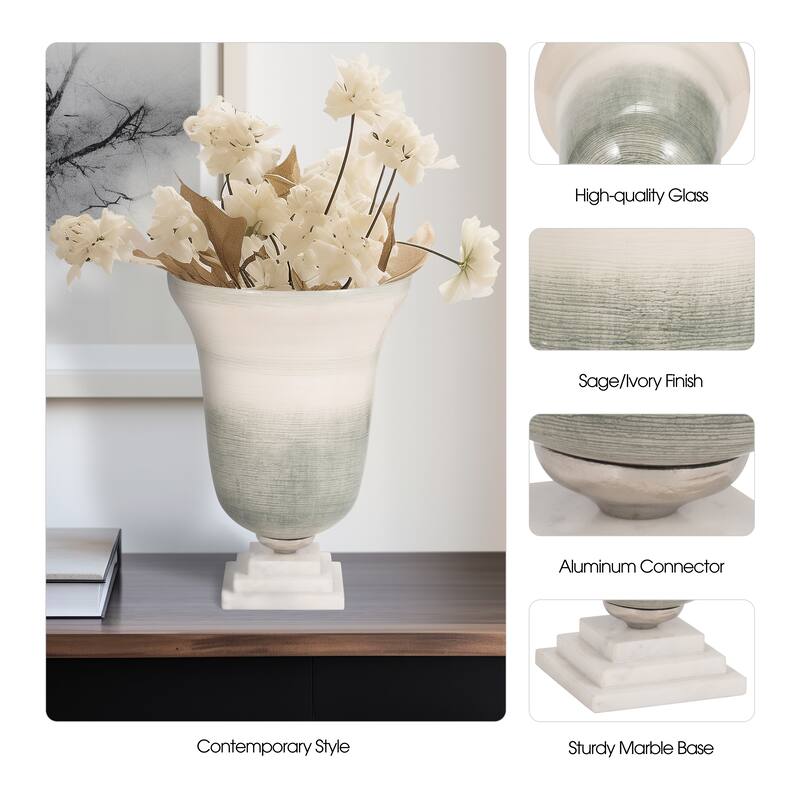 Sagebrook Home Neutral Coastal Glass Sage/Ivory Round Vase On Marble Base