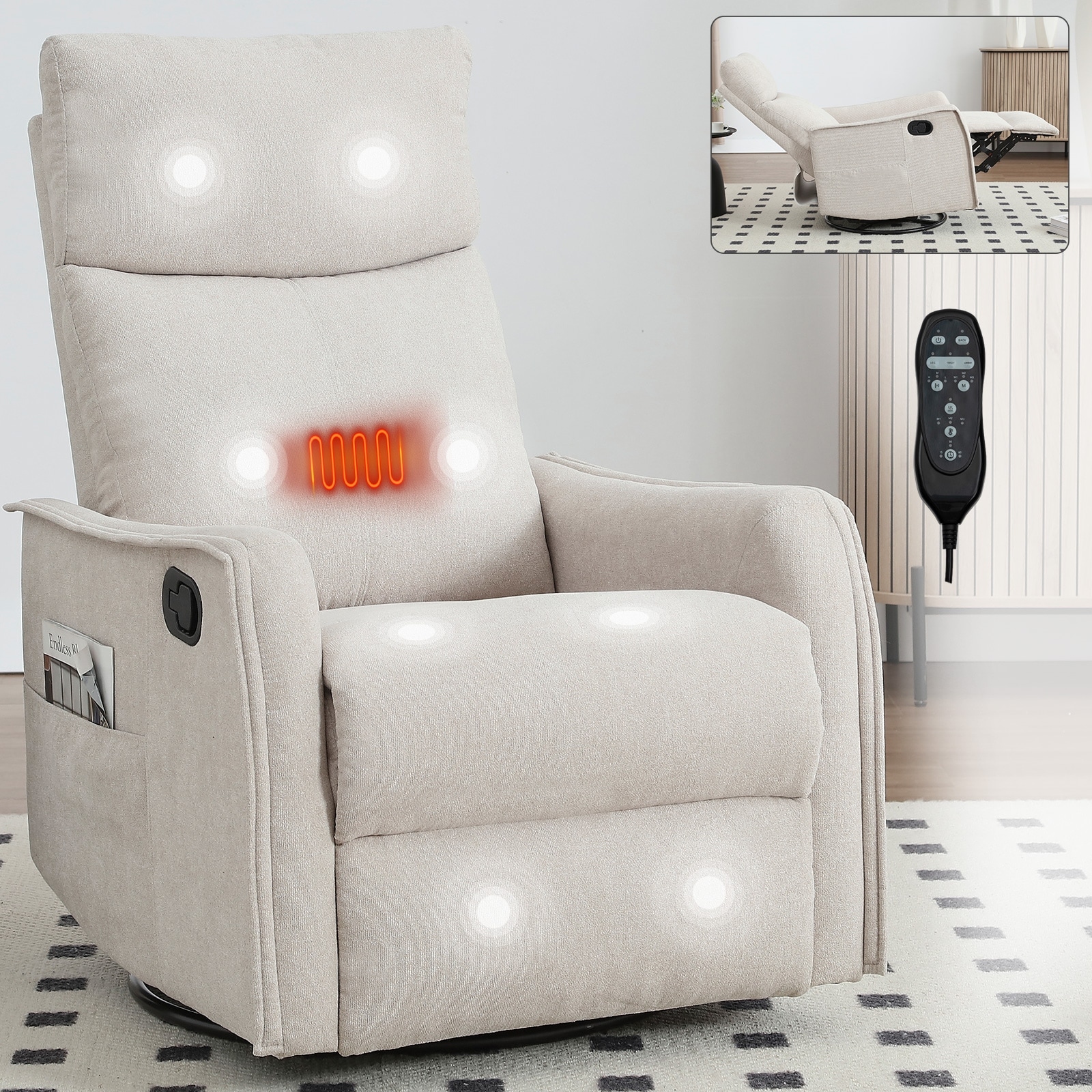 Heat Massage Manual Recliner Chair with Rocker and Swivel in Fabric for Living Room