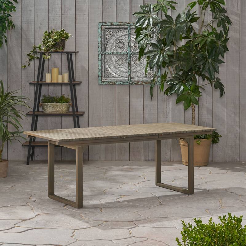 Expandable Acacia Wood Dining Table with Slat Top and U Shaped Legs Outdoor Patio