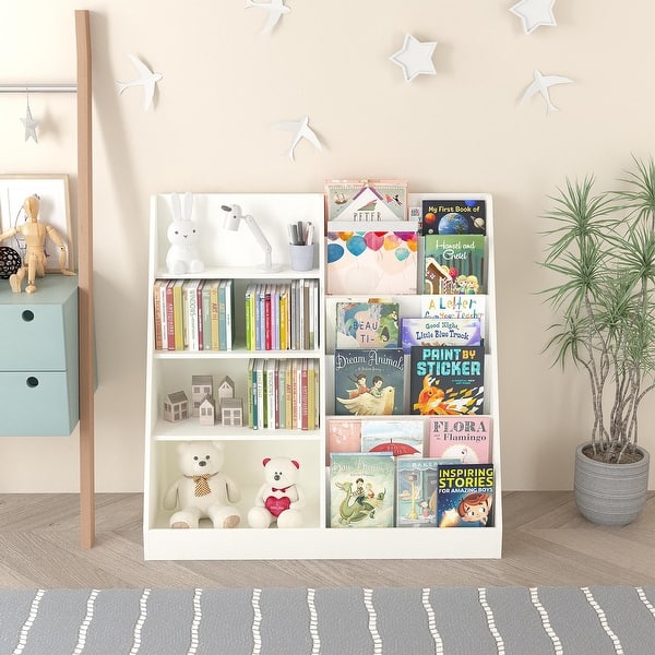 slide 2 of 9, 4 Tier Wooden Kids Bookshelf and Toy Storage Organizer, Bookcase Display Stand, Nursery for Kids, Children, Toddlers White