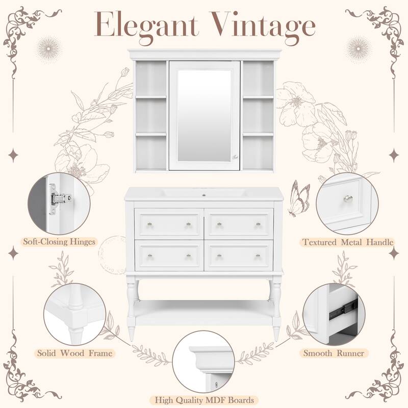 36"" Bathroom Vanity with Ceramic Sink and Medicine Cabinet, 4 Drawers, Storage Shelf, Solid Wood Frame,Bathroom Cabinet Set