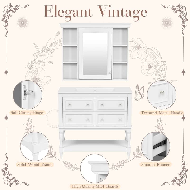 36'' Bathroom Vanity with Medicine Cabinet, Modern Mirror Cabinet with Adjustable Shelf, Bathroom Storage Cabinet with 4 Drawers