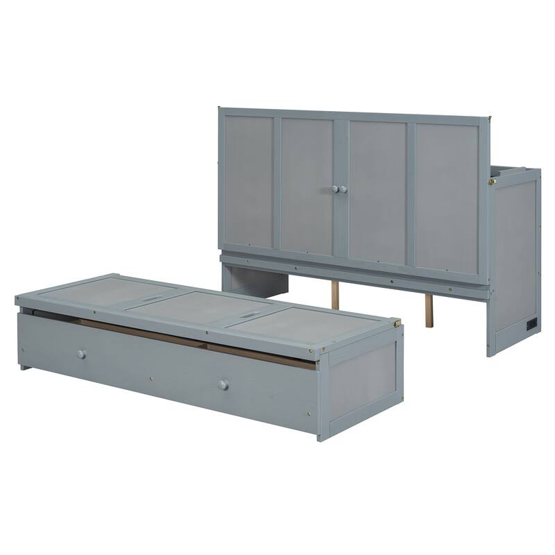 Queen Size Murphy Bed with USB Port and Large Drawer, Space-Saving Design, No Box Spring Needed, Espresso Finish