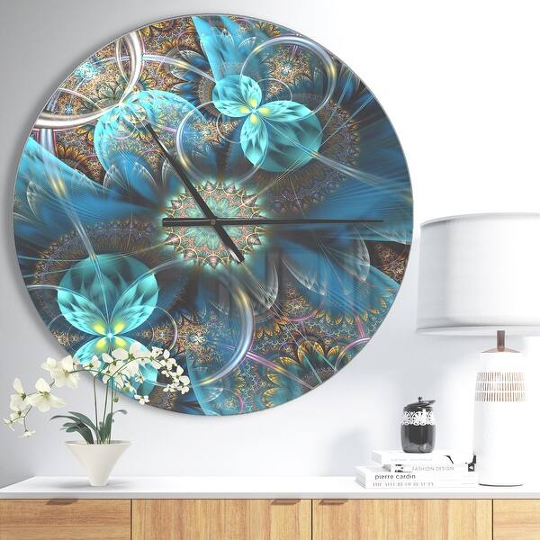 slide 2 of 7, Designart 'Fractal Blue Flowers' Oversized Modern Wall CLock 23 in. wide x 23 in. high