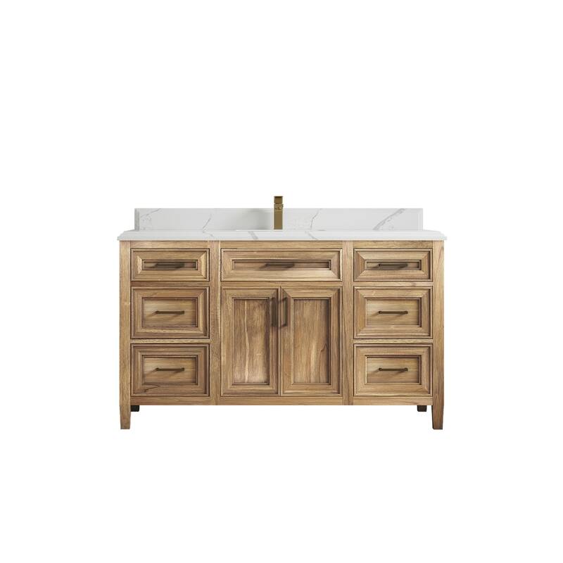 Willow Collections 60 in. W x 22 in. D Santa Monica Teak Single Sink Bathroom Vanity with Countertop - 1.5" Calacatta Laza - Whitewashed Teak